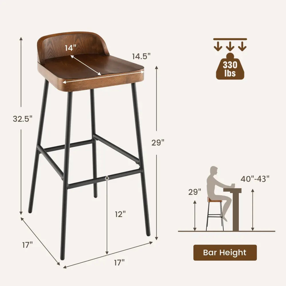 Set of 1/2 29 Inch Industrial Bar Stools with Low Back and Footrests-Set of 2 - Rustic Brown - Bar Stools