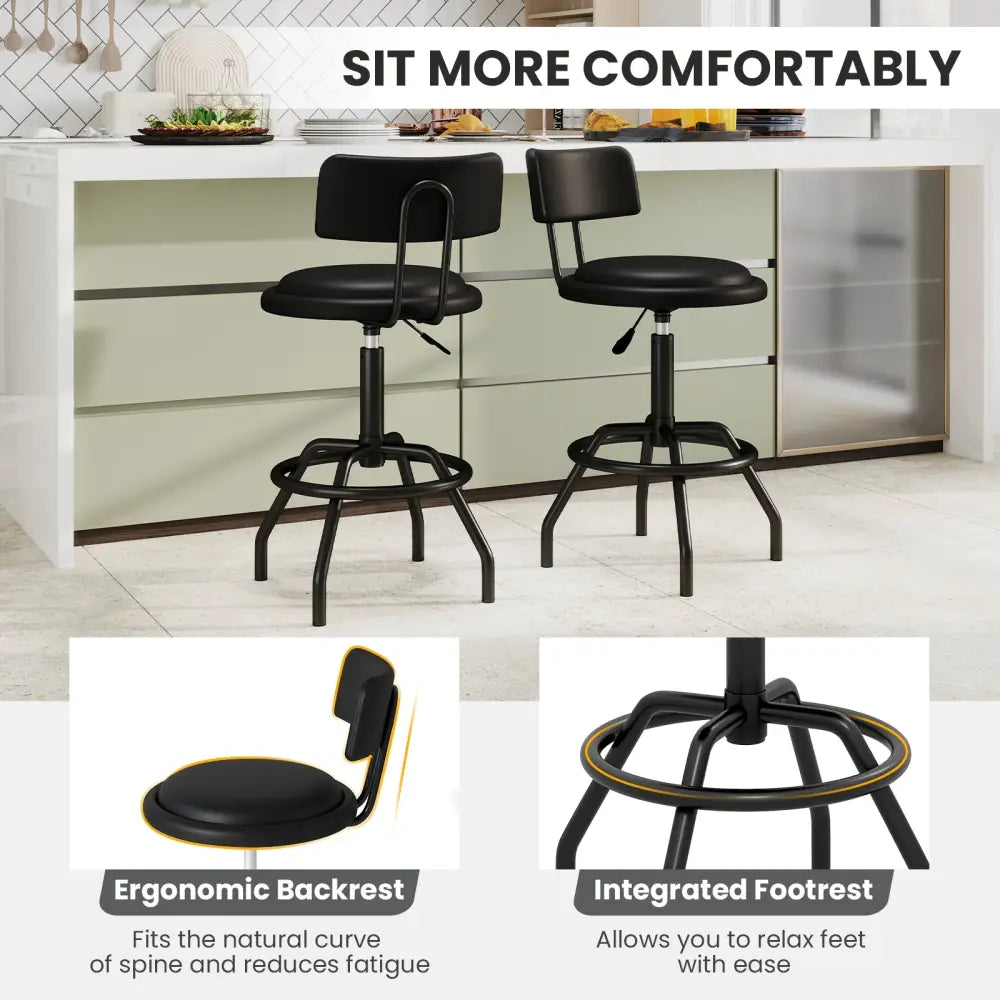 Set of 1/2 360° Swivel Counter Height Barstool with Padded Seat and Back-2 Pieces - Black - Bar Stools