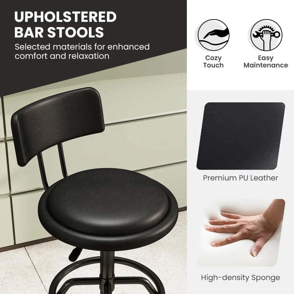 Set of 1/2 360Â° Swivel Counter Height Barstool with Padded Seat and Back-1 Piece - Black - Bar Stools