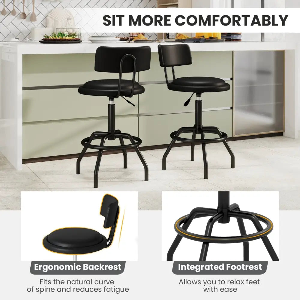 Set of 1/2 360Â° Swivel Counter Height Barstool with Padded Seat and Back-1 Piece - Black - Bar Stools