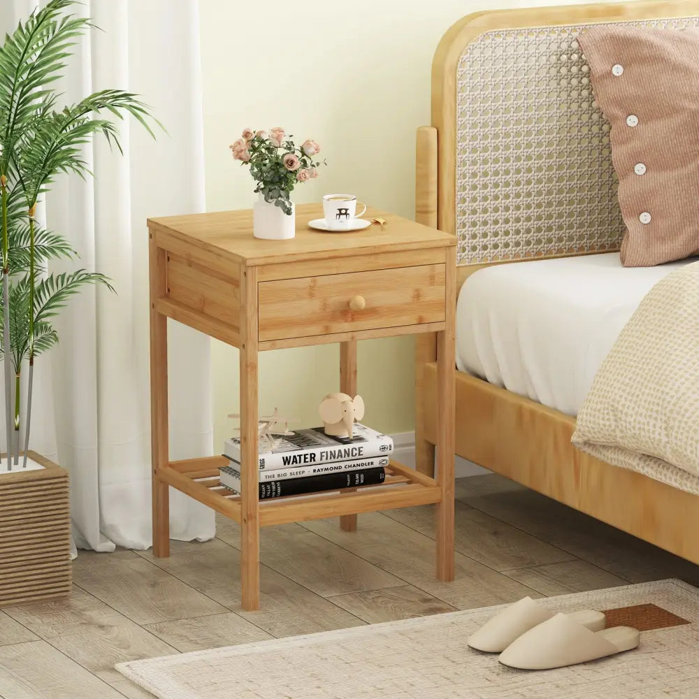 Set of 1/2 Bamboo Nightstand Bedside Table with Storage Drawer and Open Shelf-1 piece - Nightstands