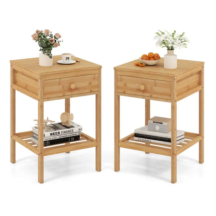 Set of 1/2 Bamboo Nightstand Bedside Table with Storage Drawer and Open Shelf-2 pieces - Nightstands