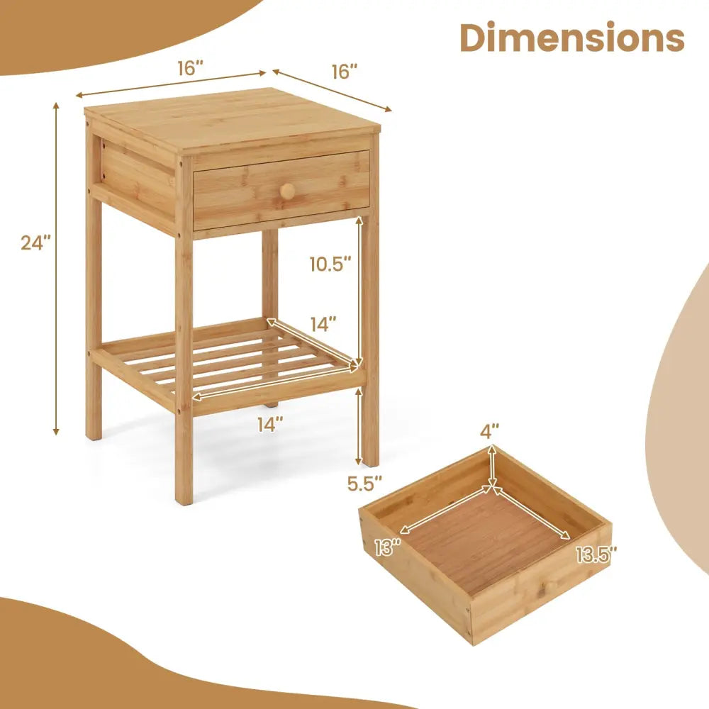 Set of 1/2 Bamboo Nightstand Bedside Table with Storage Drawer and Open Shelf-1 piece - Nightstands