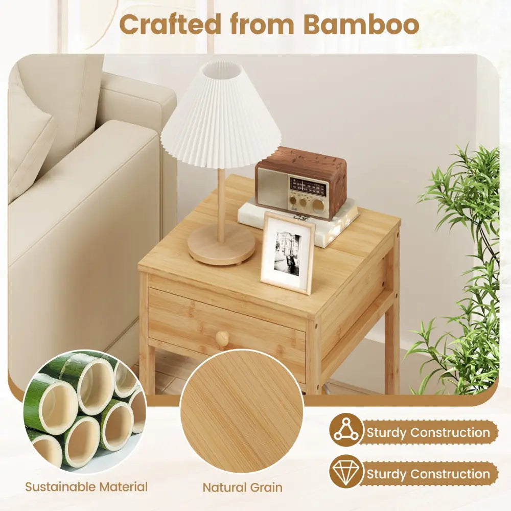 Set of 1/2 Bamboo Nightstand Bedside Table with Storage Drawer and Open Shelf-2 pieces - Nightstands