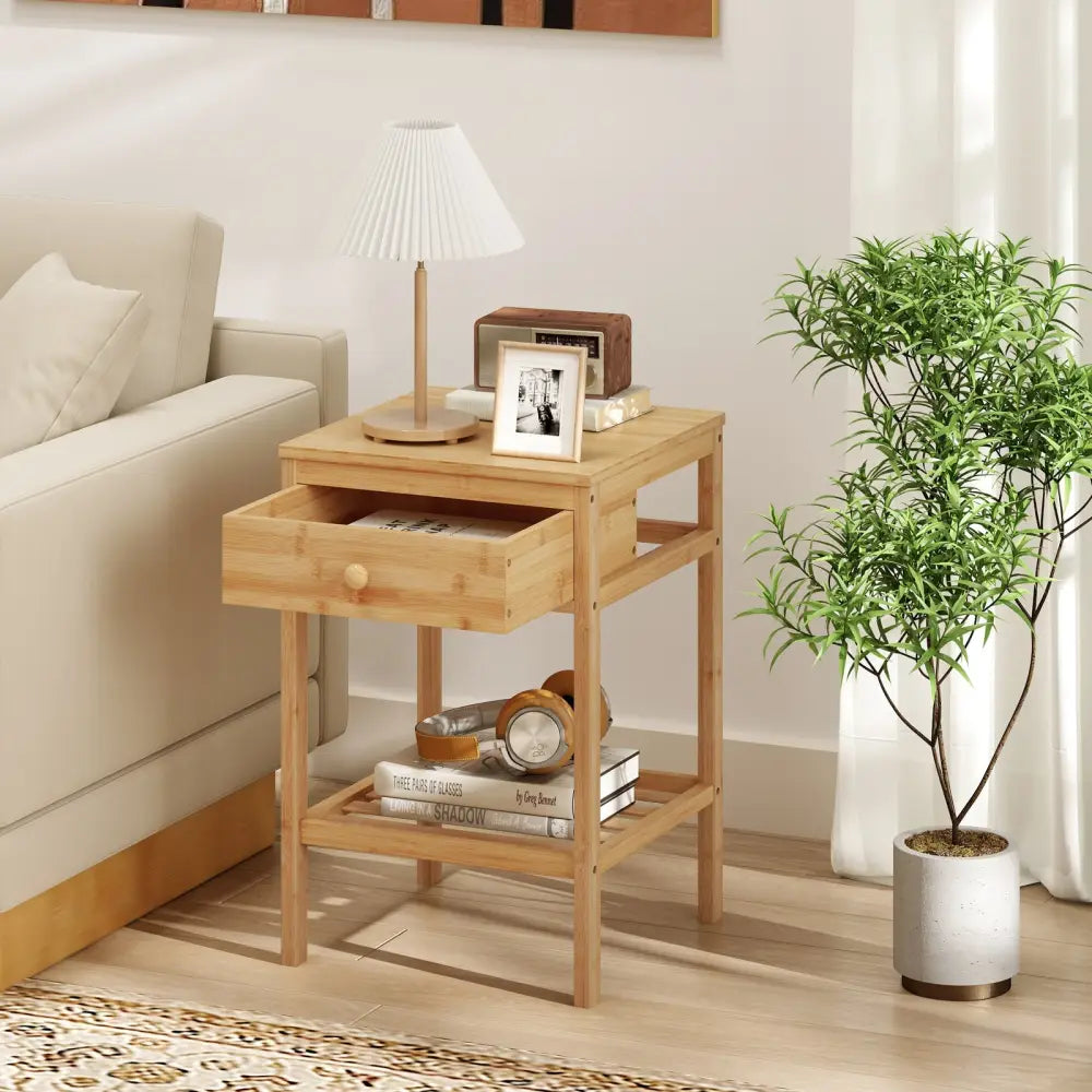 Set of 1/2 Bamboo Nightstand Bedside Table with Storage Drawer and Open Shelf-2 pieces - Nightstands