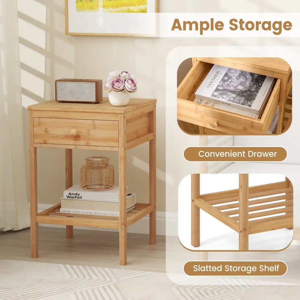 Set of 1/2 Bamboo Nightstand Bedside Table with Storage Drawer and Open Shelf-1 piece - Nightstands