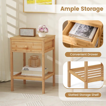 Set of 1/2 Bamboo Nightstand Bedside Table with Storage Drawer and Open Shelf-2 pieces - Nightstands