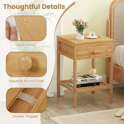 Set of 1/2 Bamboo Nightstand Bedside Table with Storage Drawer and Open Shelf-1 piece - Nightstands
