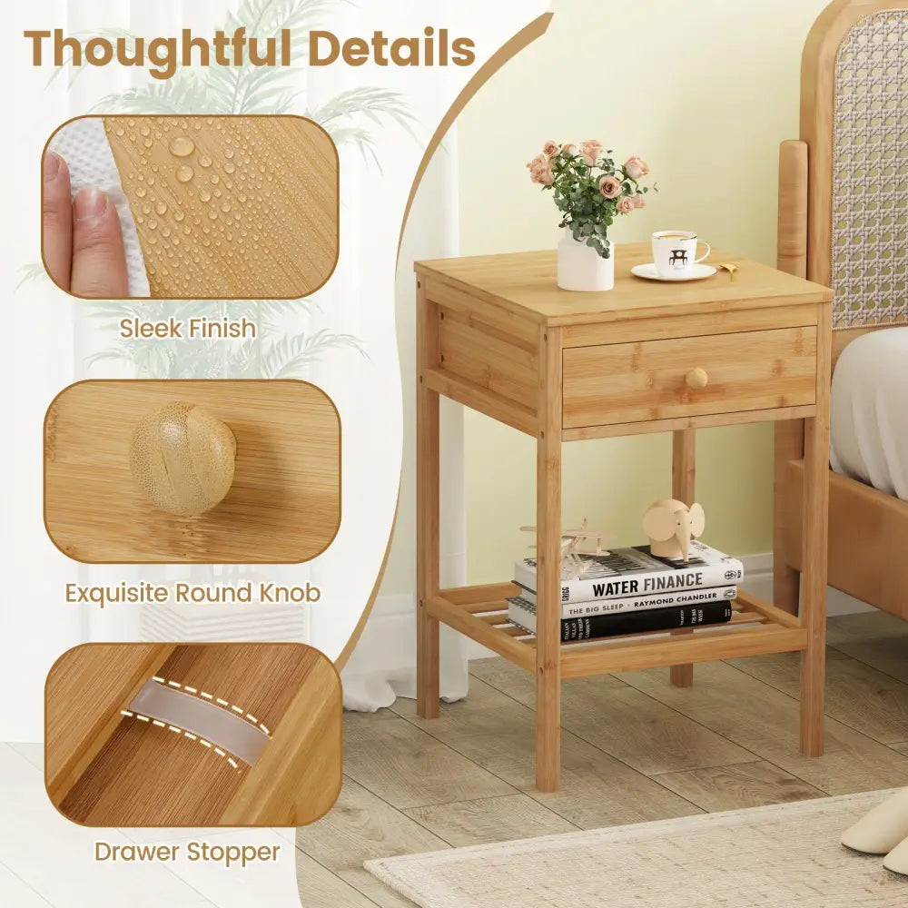 Set of 1/2 Bamboo Nightstand Bedside Table with Storage Drawer and Open Shelf-1 piece - Nightstands