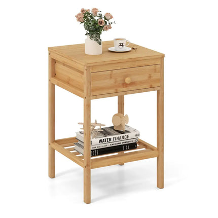 Set of 1/2 Bamboo Nightstand Bedside Table with Storage Drawer and Open Shelf-1 piece - Nightstands