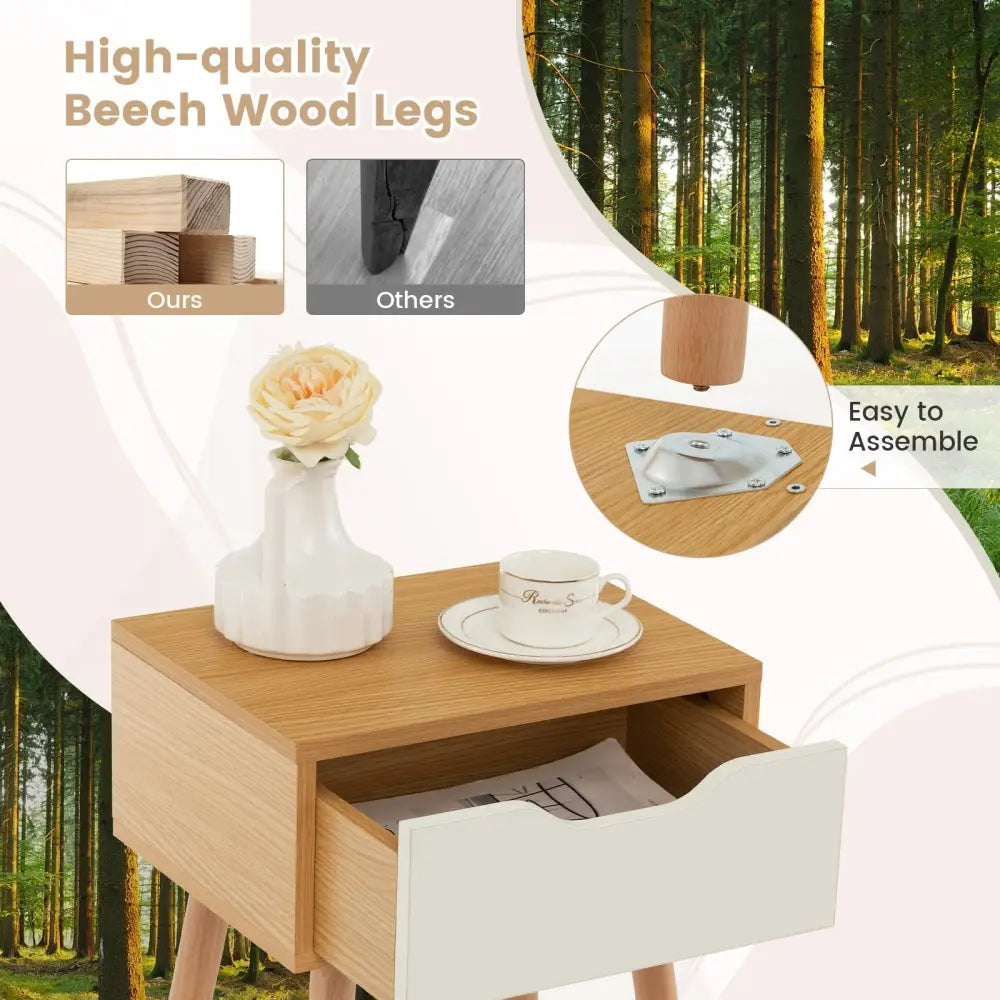 Set of 1/2 Modern Nightstand with Storage Drawer for Bedroom Living Room-2 Pieces - Natural - Nightstands