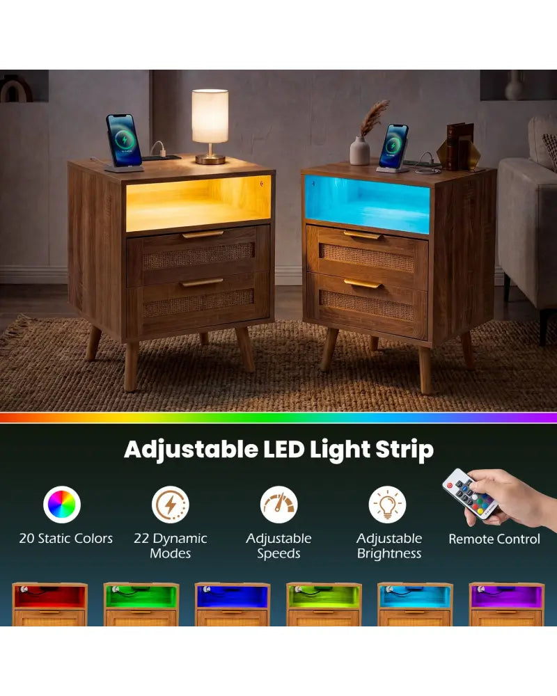 Set of 1 Boho Nightstand with Charging Station and RGB LED Light Strip - Nightstands