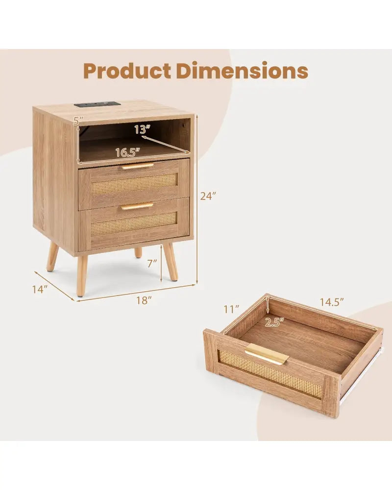 Set of 1 Boho Nightstand with Charging Station and RGB LED Light Strip - Nightstands