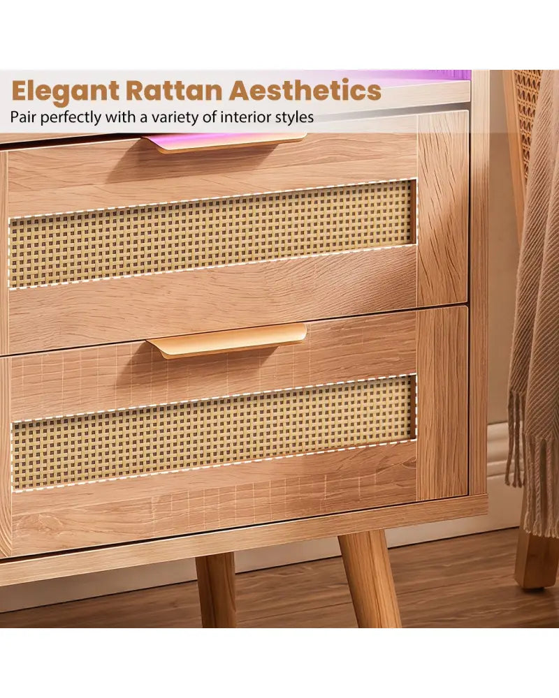 Set of 1 Boho Nightstand with Charging Station and RGB LED Light Strip - Nightstands