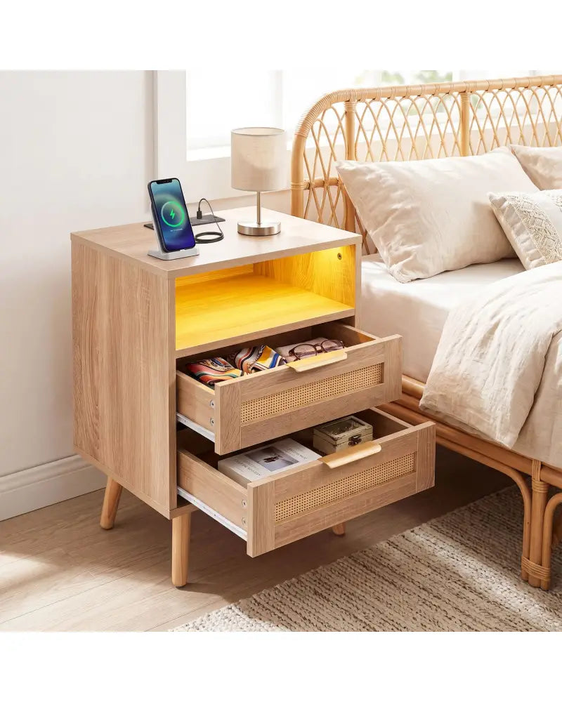 Set of 1 Boho Nightstand with Charging Station and RGB LED Light Strip - Nightstands