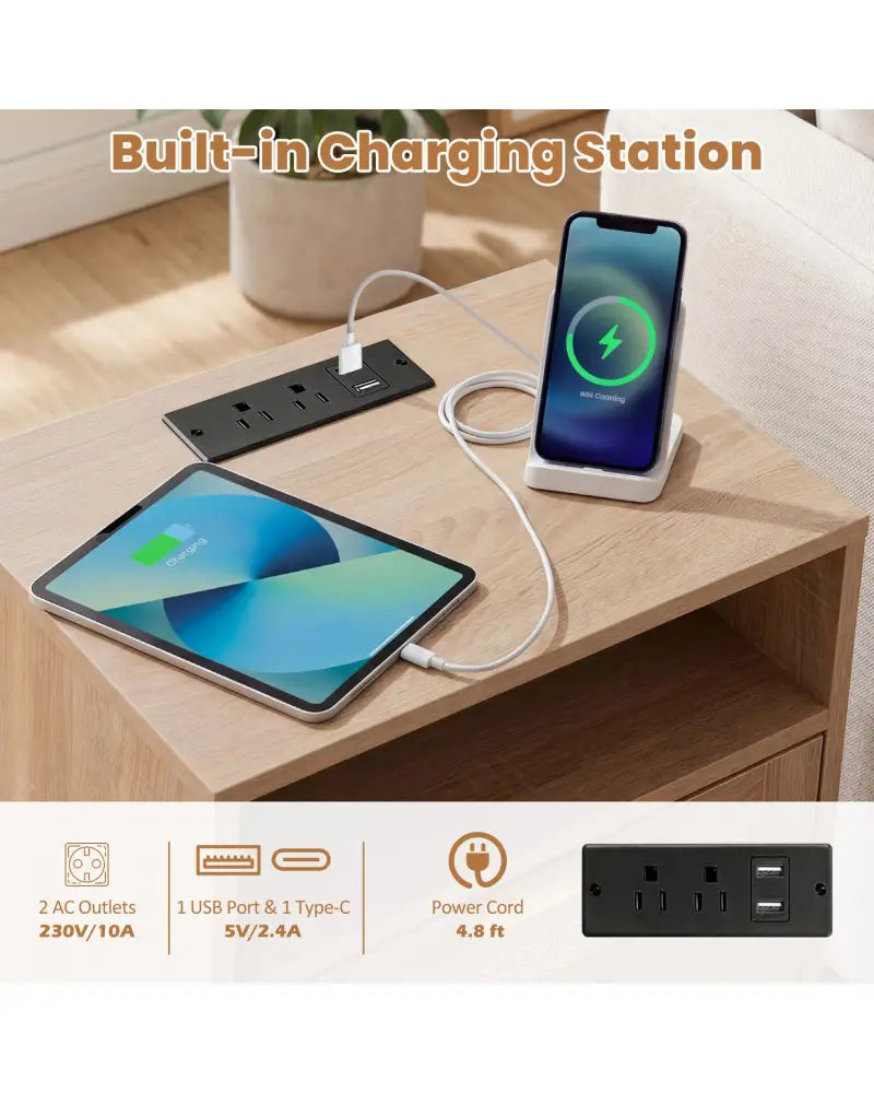 Set of 1 Boho Nightstand with Charging Station and RGB LED Light Strip - Nightstands