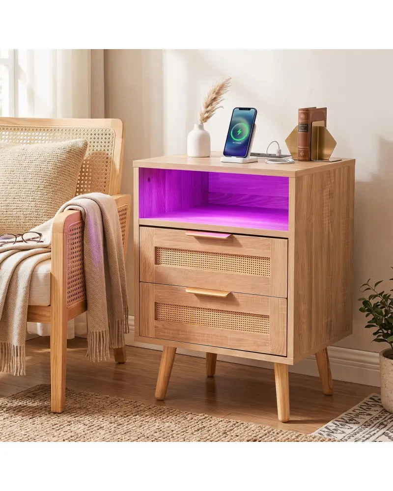 Set of 1 Boho Nightstand with Charging Station and RGB LED Light Strip - Nightstands