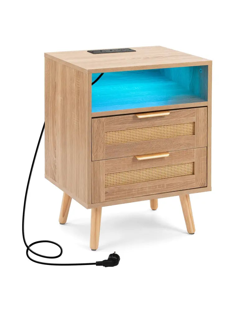 Set of 1 Boho Nightstand with Charging Station and RGB LED Light Strip - Nightstands