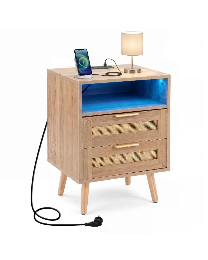 Set of 1 Boho Nightstand with Charging Station and RGB LED Light Strip - Nightstands