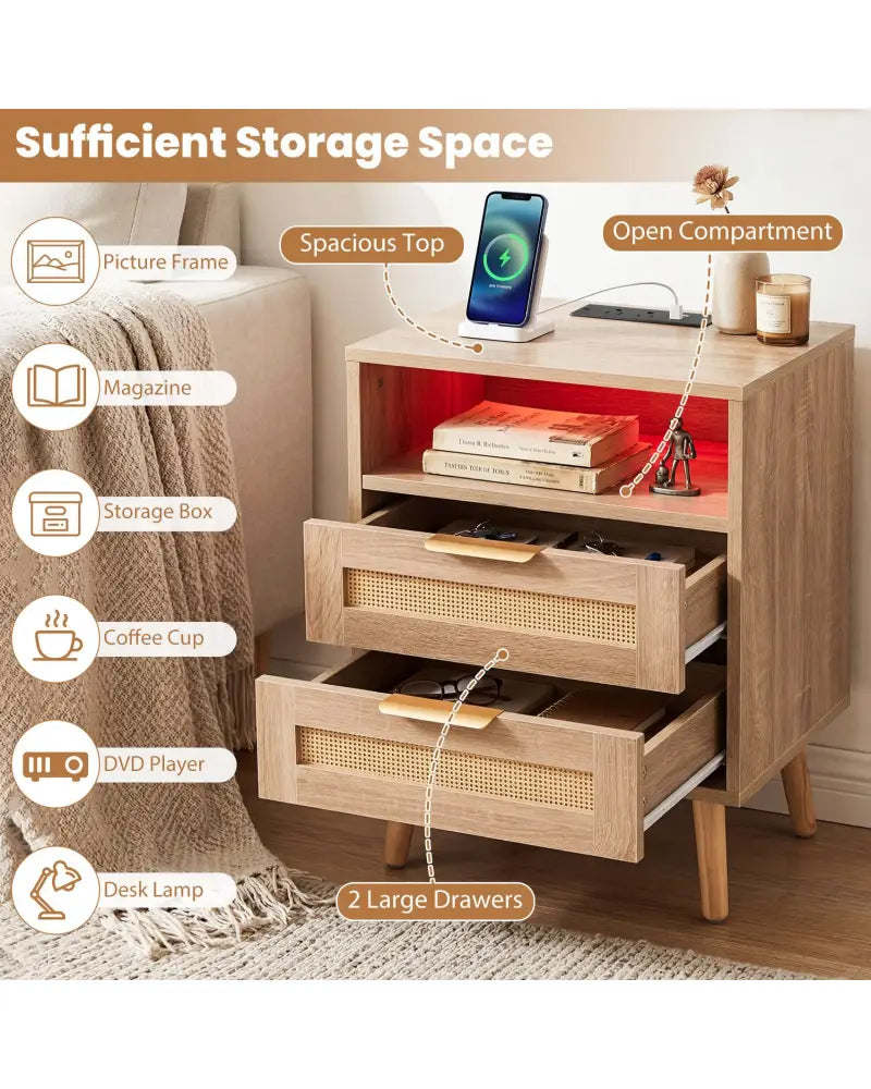 Set of 1 Boho Nightstand with Charging Station and RGB LED Light Strip - Nightstands