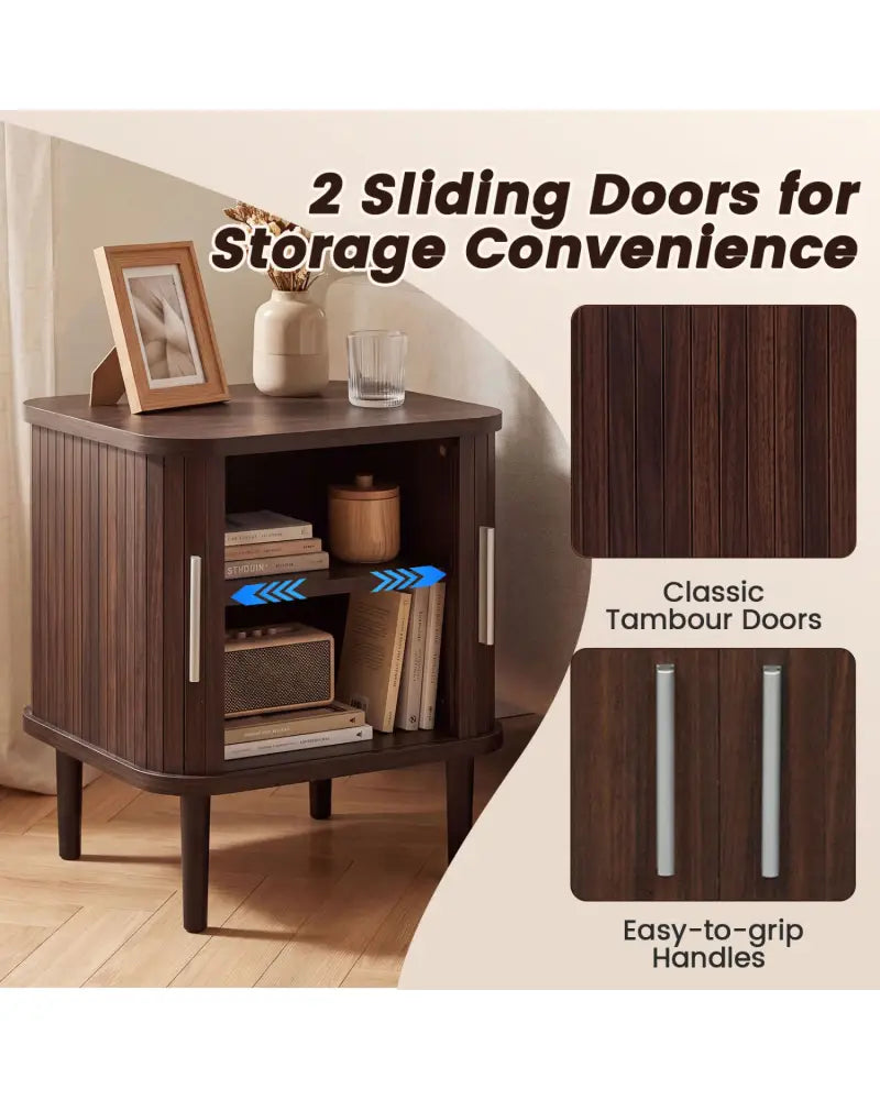 Set of 1 Fluted Nightstand with Sliding Doors and Adjustable Shelf for Small Spaces-Walnut - Walnut - Nightstands