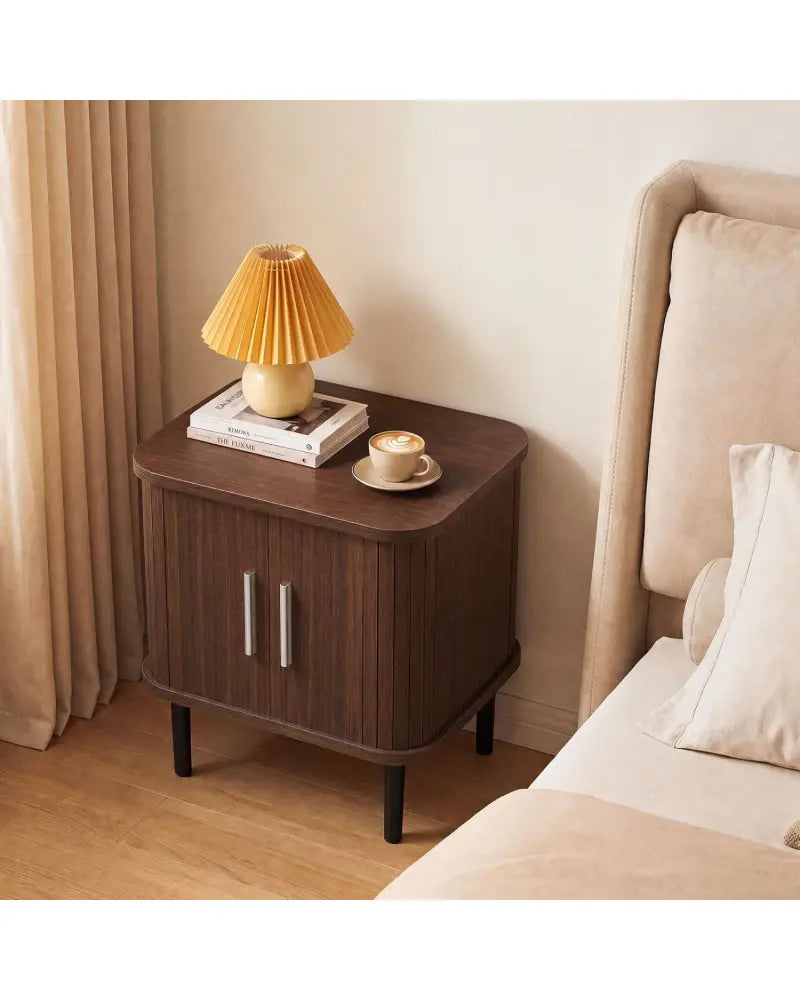 Set of 1 Fluted Nightstand with Sliding Doors and Adjustable Shelf for Small Spaces-Walnut - Walnut - Nightstands