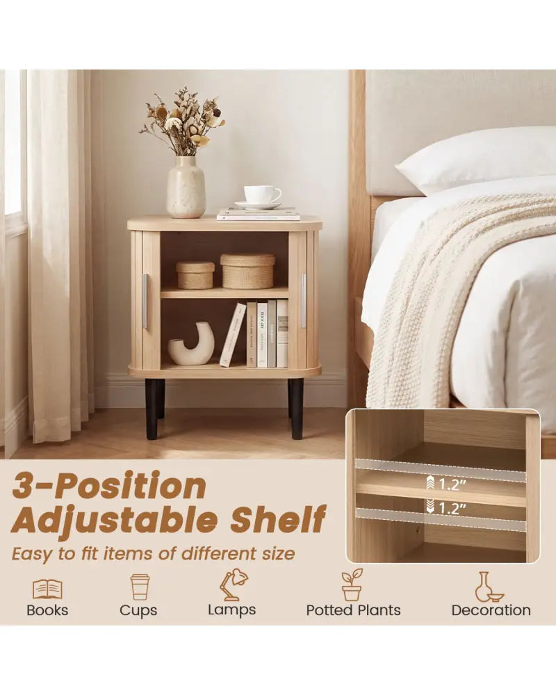 Set of 1 Fluted Nightstand with Sliding Doors and Adjustable Shelf for Small Spaces-Natural - Natural - Nightstands