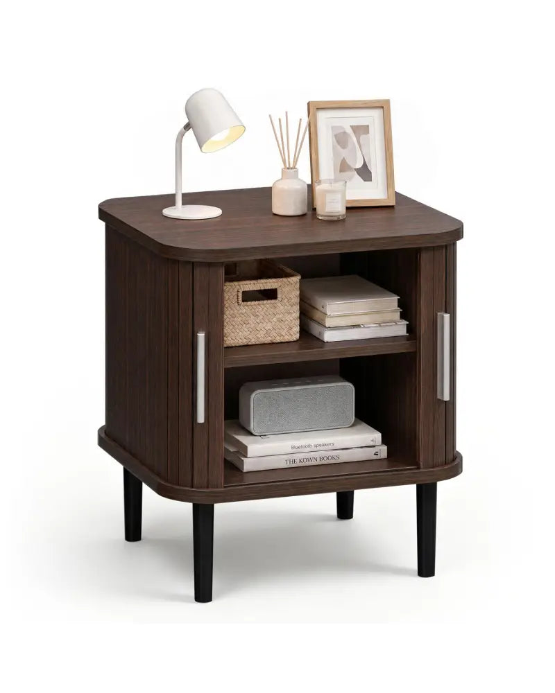 Set of 1 Fluted Nightstand with Sliding Doors and Adjustable Shelf for Small Spaces-Walnut - Walnut - Nightstands