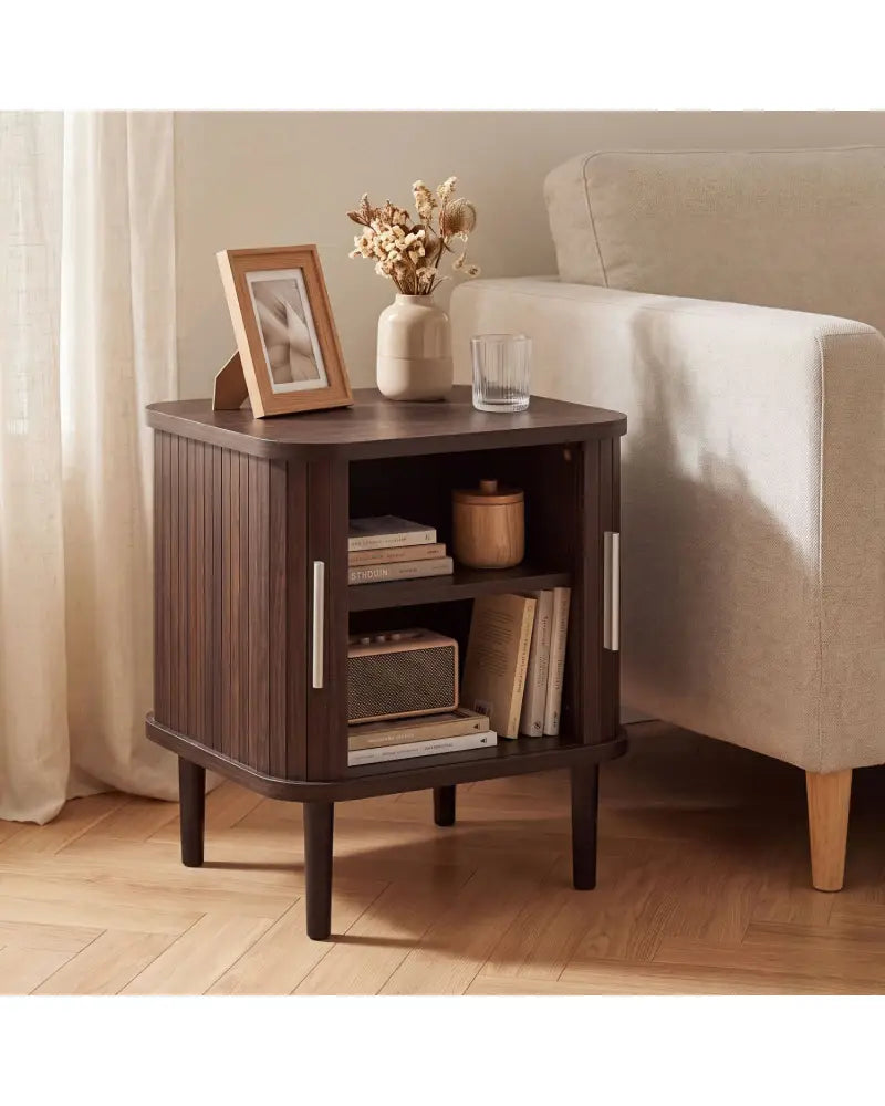 Set of 1 Fluted Nightstand with Sliding Doors and Adjustable Shelf for Small Spaces-Walnut - Walnut - Nightstands