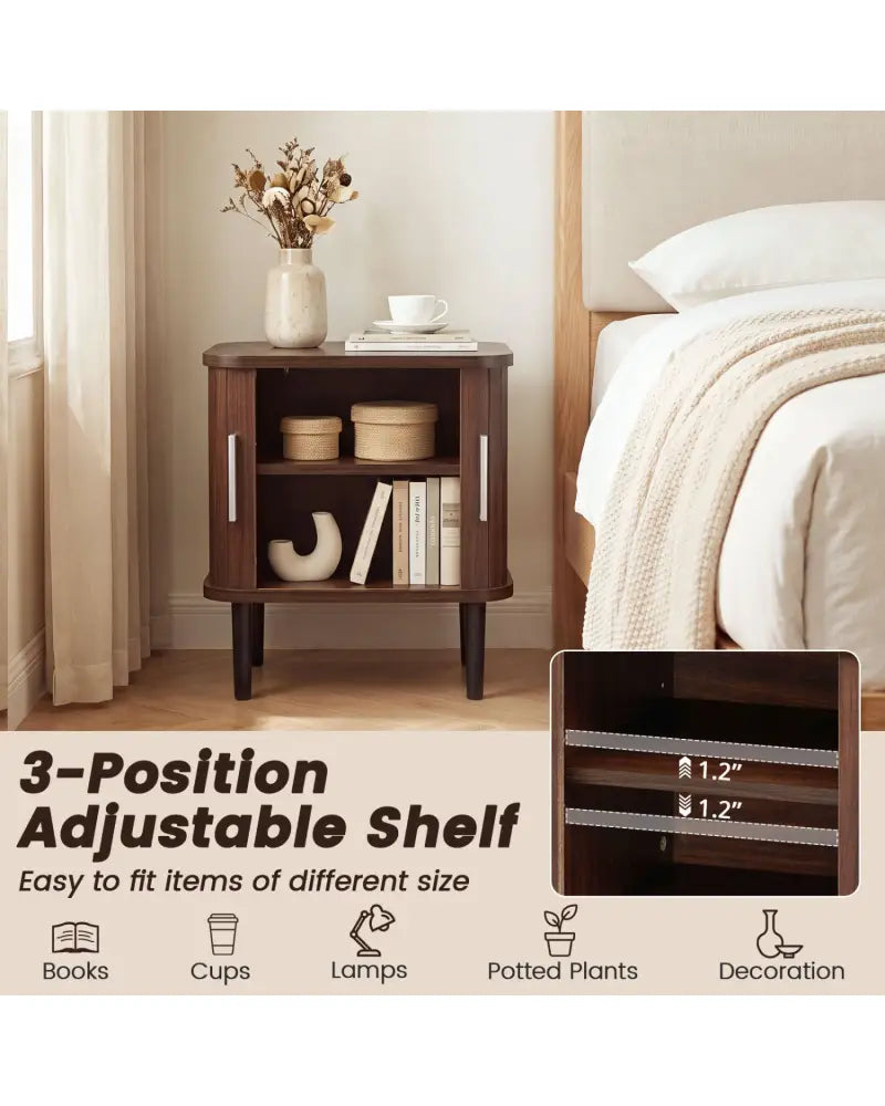 Set of 1 Fluted Nightstand with Sliding Doors and Adjustable Shelf for Small Spaces-Walnut - Walnut - Nightstands