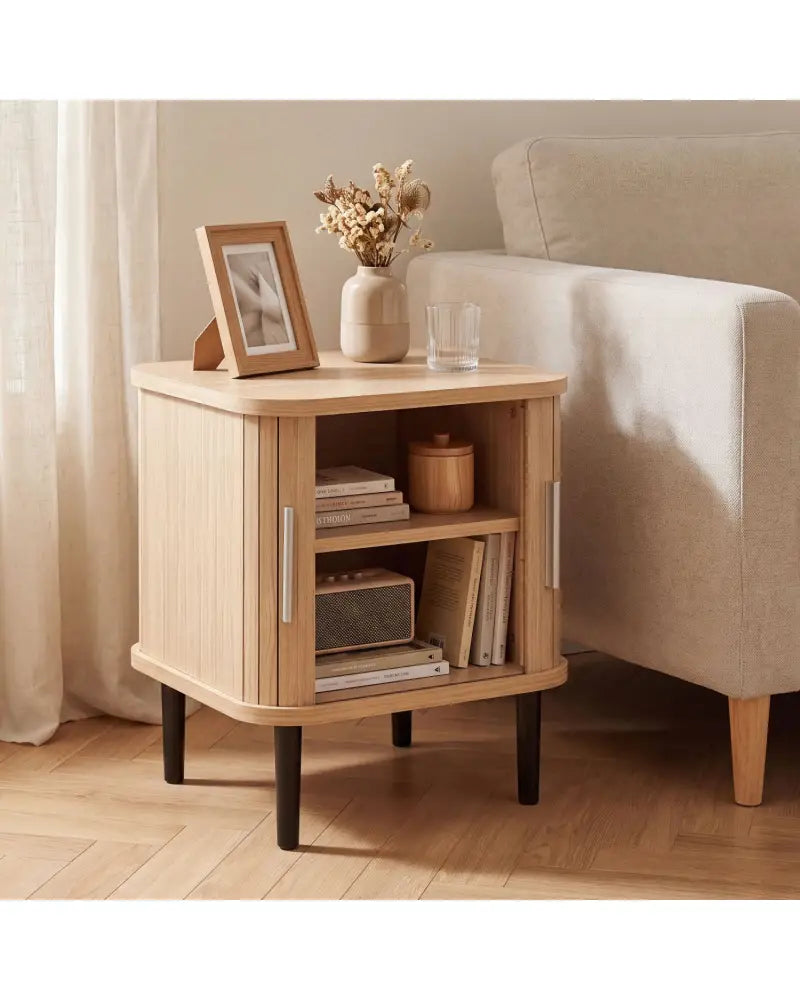 Set of 1 Fluted Nightstand with Sliding Doors and Adjustable Shelf for Small Spaces-Natural - Natural - Nightstands