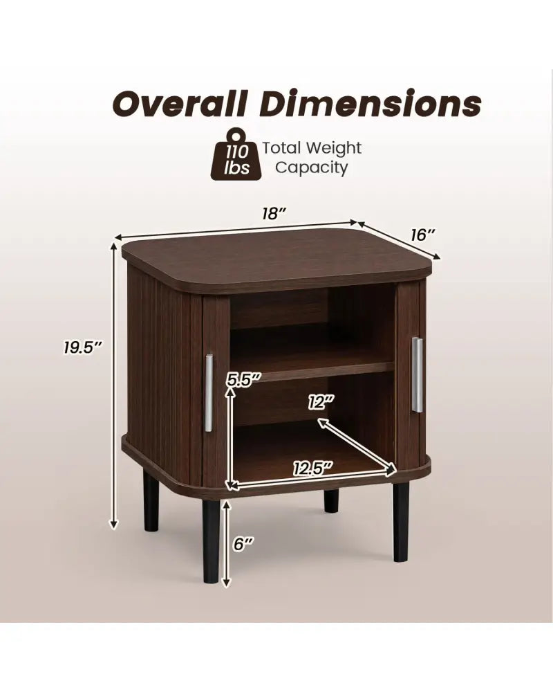 Set of 1 Fluted Nightstand with Sliding Doors and Adjustable Shelf for Small Spaces-Walnut - Walnut - Nightstands