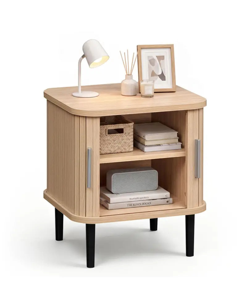 Set of 1 Fluted Nightstand with Sliding Doors and Adjustable Shelf for Small Spaces-Natural - Natural - Nightstands