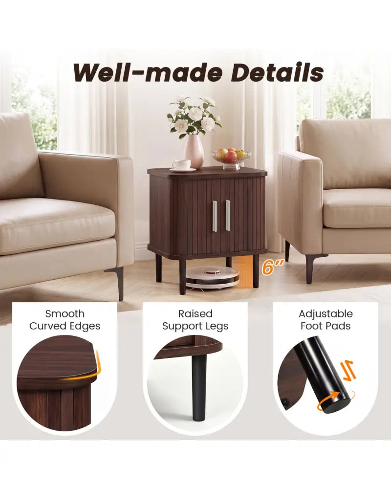 Set of 1 Fluted Nightstand with Sliding Doors and Adjustable Shelf for Small Spaces-Walnut - Walnut - Nightstands