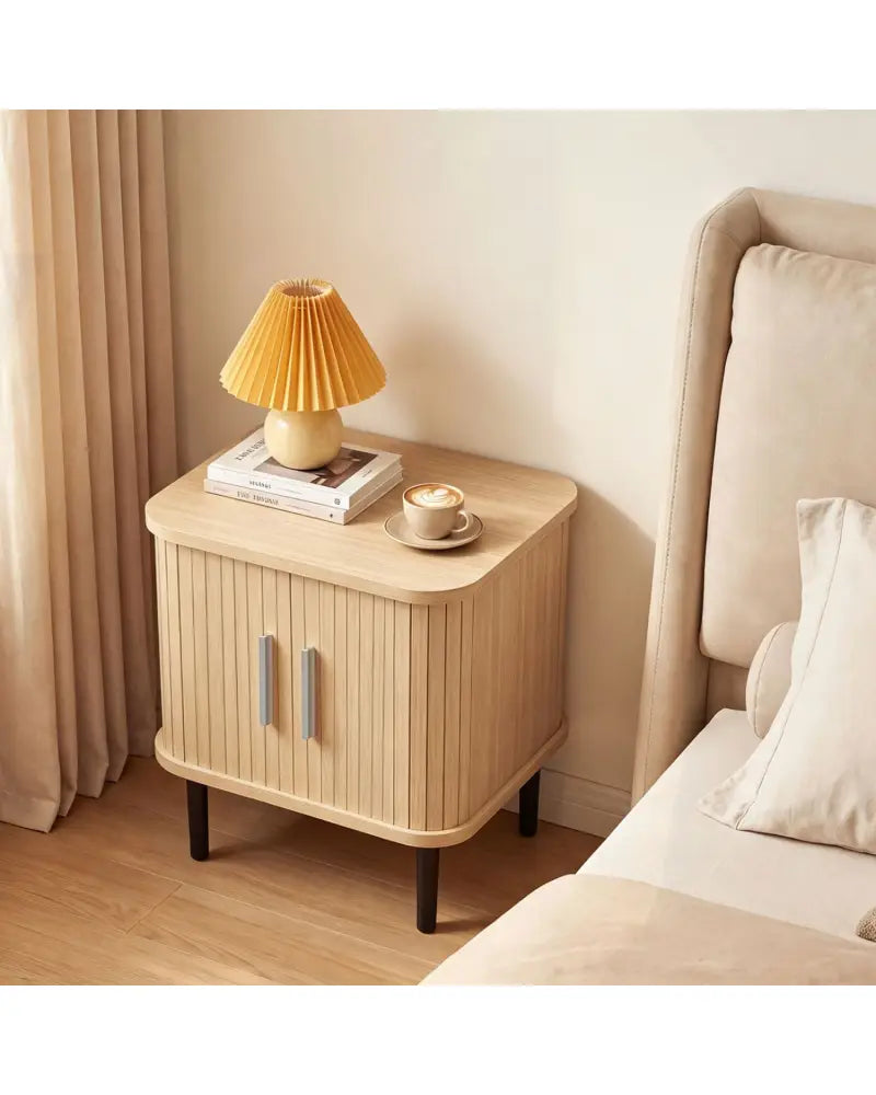 Set of 1 Fluted Nightstand with Sliding Doors and Adjustable Shelf for Small Spaces-Natural - Natural - Nightstands