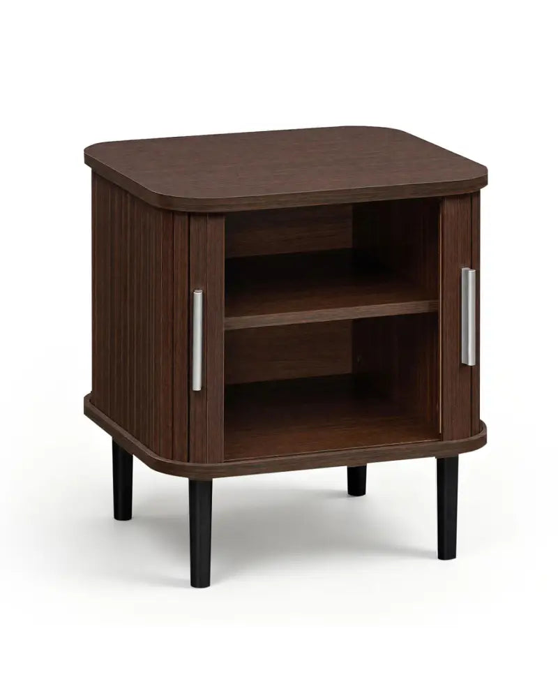 Set of 1 Fluted Nightstand with Sliding Doors and Adjustable Shelf for Small Spaces-Walnut - Walnut - Nightstands