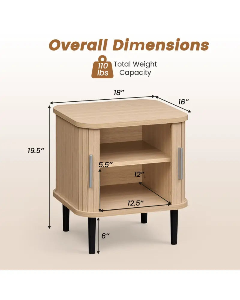 Set of 1 Fluted Nightstand with Sliding Doors and Adjustable Shelf for Small Spaces-Natural - Natural - Nightstands