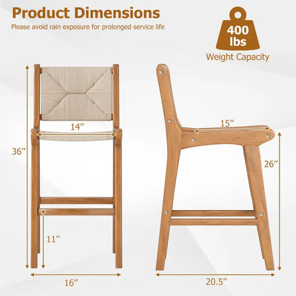 Set of 1 Outdoor Counter Height Bar Stool Woven Paper Rope Patio Barstool with Teak Wood Frame - Patio Bar Furniture