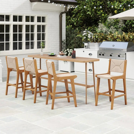 Set of 1 Outdoor Counter Height Bar Stool Woven Paper Rope Patio Barstool with Teak Wood Frame - Patio Bar Furniture