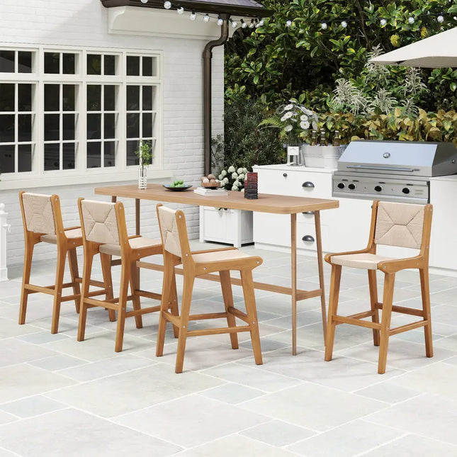 Set of 1 Outdoor Counter Height Bar Stool Woven Paper Rope Patio Barstool with Teak Wood Frame - Patio Bar Furniture