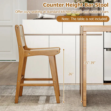 Set of 1 Outdoor Counter Height Bar Stool Woven Paper Rope Patio Barstool with Teak Wood Frame - Patio Bar Furniture