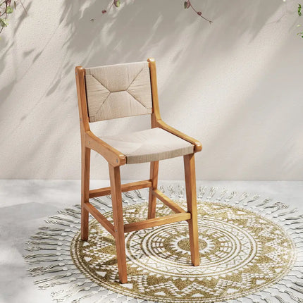 Set of 1 Outdoor Counter Height Bar Stool Woven Paper Rope Patio Barstool with Teak Wood Frame - Patio Bar Furniture