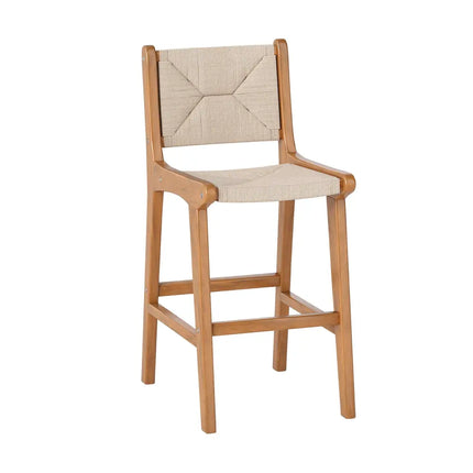 Set of 1 Outdoor Counter Height Bar Stool Woven Paper Rope Patio Barstool with Teak Wood Frame - Patio Bar Furniture