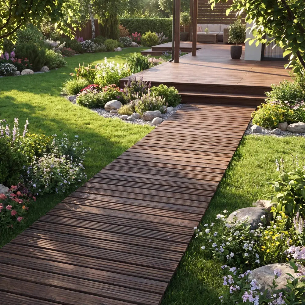 Set of 2 12 FT Wooden Garden Pathway Roll Out Decorative Cedar Straight Outdoor Walkway-Brown - Brown - Garden Pathways