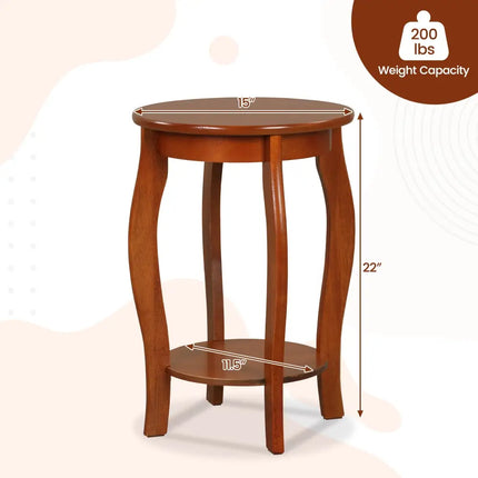Set of 2 15 Inch 2-Tier Round End Table with Storage Shelf-Walnut - Walnut - Living Room