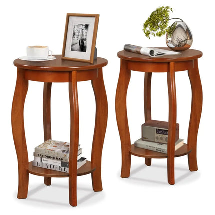Set of 2 15 Inch 2-Tier Round End Table with Storage Shelf-Walnut - Walnut - Living Room