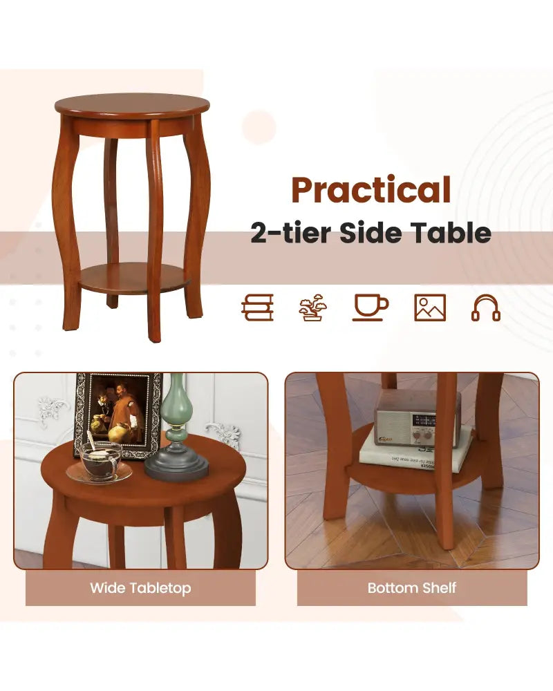 Set of 2 15 Inch 2-Tier Round End Table with Storage Shelf-Walnut - Walnut - End & Side Tables