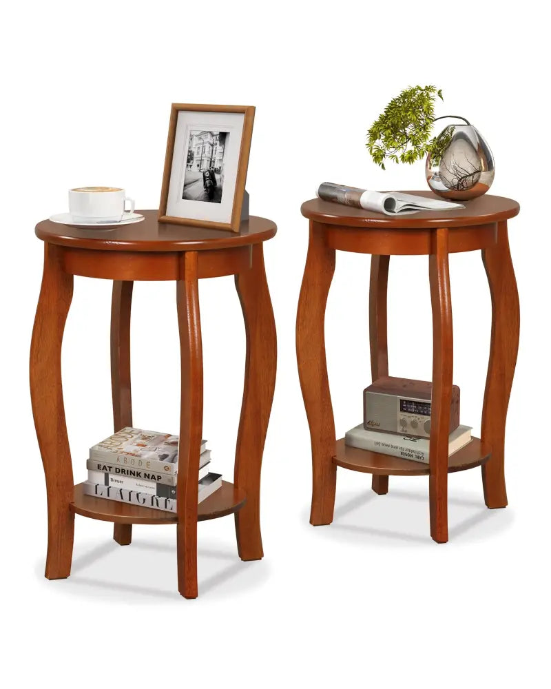Set of 2 15 Inch 2-Tier Round End Table with Storage Shelf-Walnut - Walnut - End & Side Tables