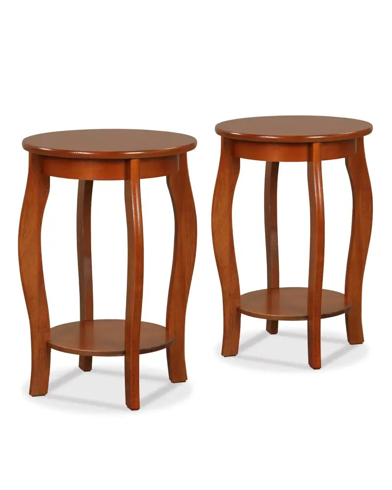 Set of 2 15 Inch 2-Tier Round End Table with Storage Shelf-Walnut - Walnut - End & Side Tables