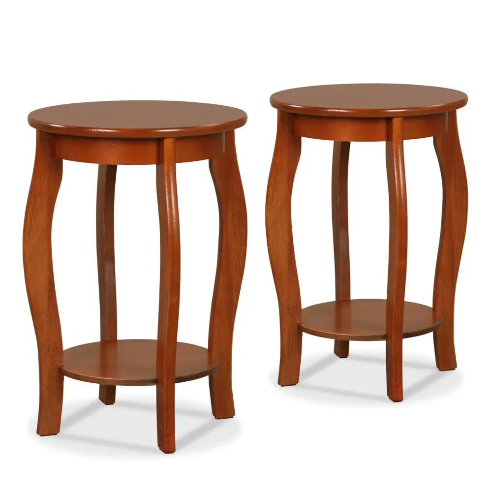 Set of 2 15 Inch 2-Tier Round End Table with Storage Shelf-Walnut - Walnut - End & Side Tables